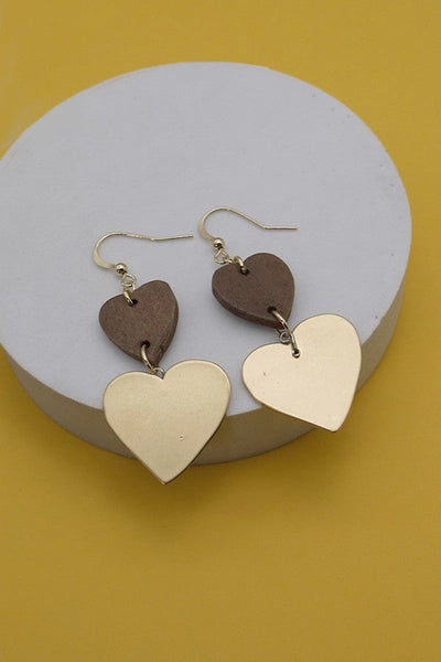 Double Heart Wood Metal Drop Earrings