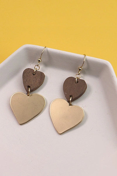 Double Heart Wood Metal Drop Earrings