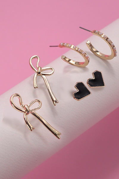 Trio Bow Hoop Heart Earrings