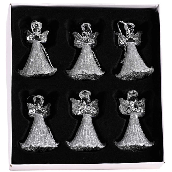 Praying Silver Angel Glass Ornament, Set of 6