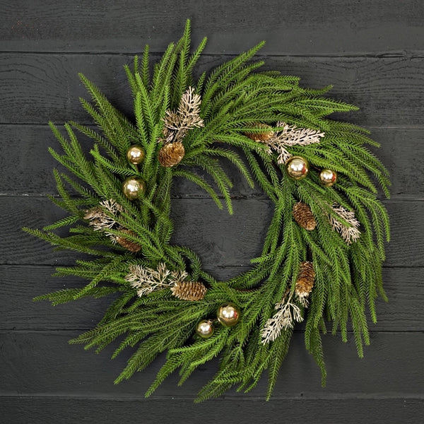 24” Golden Holiday Norfolk Pine Twig Wreath