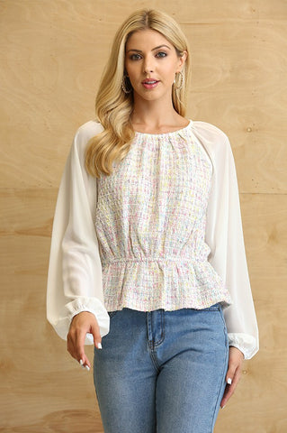 Tweed and Chiffon Peplum Top