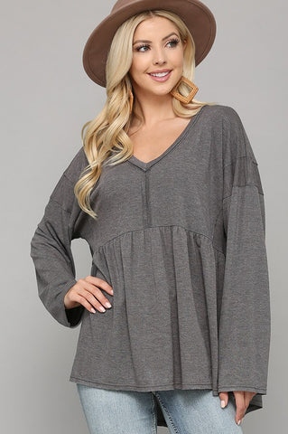 Charcoal Solid Knit V-neck Top