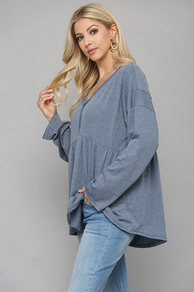 Denim Solid Knit V-neck Top