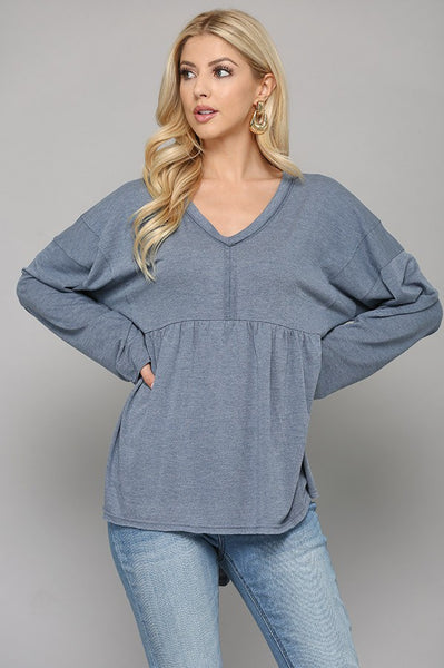 Denim Solid Knit V-neck Top