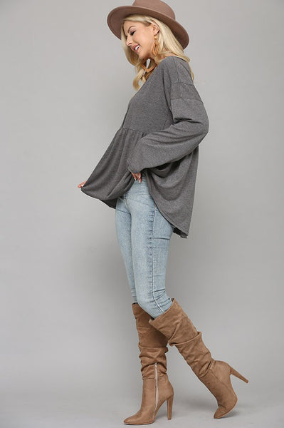 Charcoal Solid Knit V-neck Top