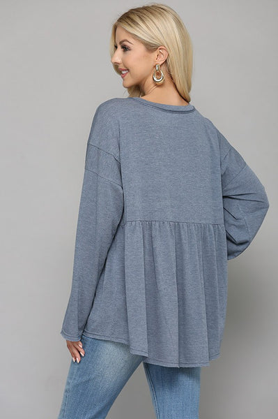 Denim Solid Knit V-neck Top