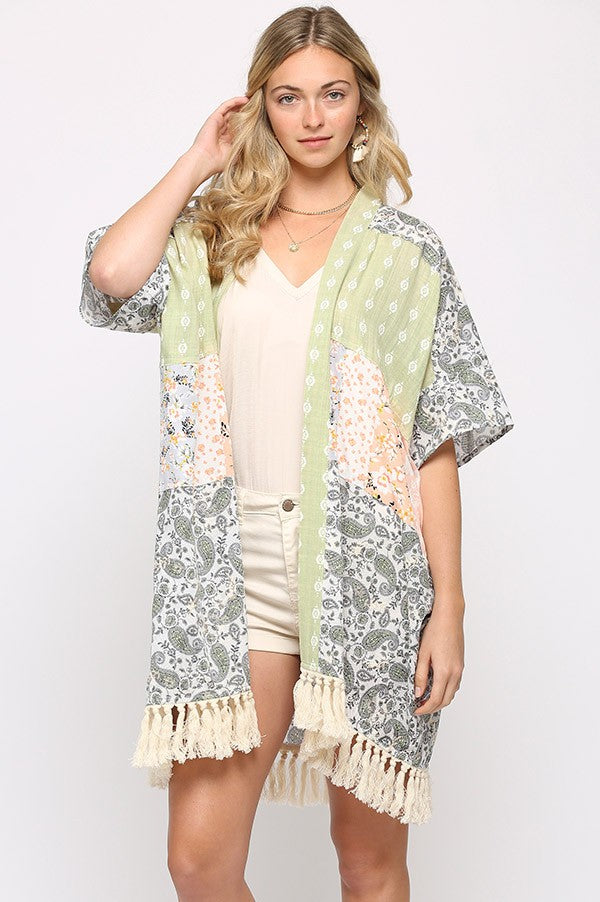 Mixed Print and Fringe Kimono