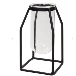 Wide Glass Tube Vase w/Metal Frame